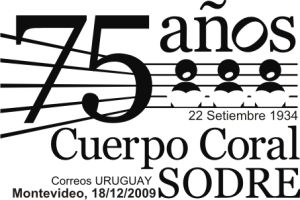El matasello se compone de la frase 75 años del Cuerpo Coral del Sodre y un pentagrama con tres macaquitos cantando.