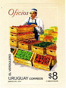 Ilustración de verdulero rodeado de cajones de verduras.