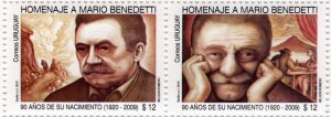 Ilustración de rostro de Mario Benedetti en tonos rojo bordó.