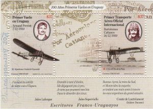 Ilustración de rostro de aviadores Armand Prevost (francés) y a Bartolomeo Cattaneo (italiano) y aviones Blériot de origen francés.