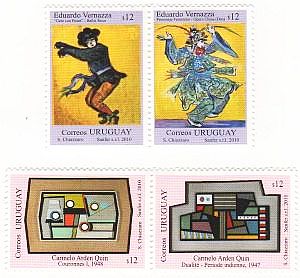 Ilustración de las obras: La Domenica di Vicenza y Dualité de Carmelo Aden Quin, y las obras: Gato con Botas Ballet Ruso y Personaje Femenino Opera China (Dan) de Eduardo Vernazza