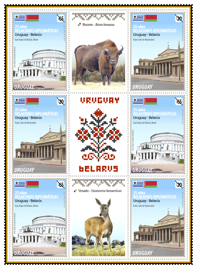 Gran Teatro de Belarús (Minsk), Teatro Solís (Montevideo) y las viñetas que la acompañan, el venado de campo y el bisonte europeo.