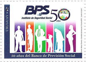 En el sello se muestran personas en diferentes etapas de su vida por la cuales reciben aportes del Banco, una niña, embarazada, un trabajador, una trabajadora, un anciano.