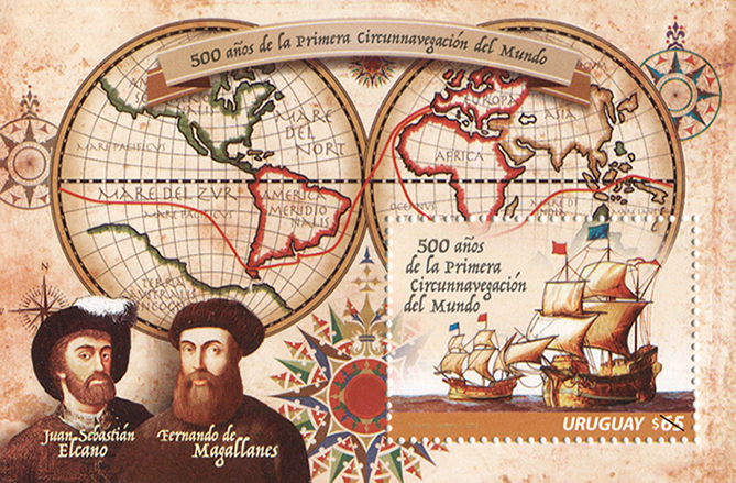 Juan Sebastián Elcano y Fernando de Magallanes. Mapa y naves antiguas.