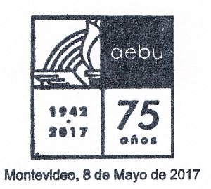 La imagen del matasello consiste en un cuadrado dividido en 4, en la esquina superior izquierda se muestra una parte de la antorcha característica del escudo de AEBU, a la derecha se lee 