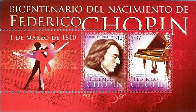 Ilustración de rostro de Federico Chopin, un piano y dos siluetas bailando ballet, sobre fondo rojo.