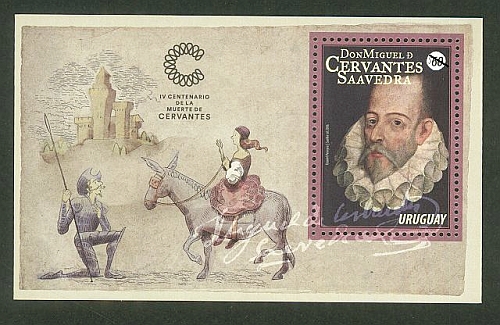 Retrato de Cervantes, en la hoja: Don Quijote y Dulcinea.