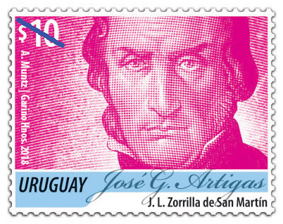 Sello con la ilustración del rostro de Artigas en color magenta.