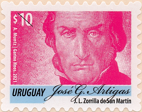 Figura de Artigas en tono magenta