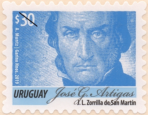 Rostro de Artigas en tono azul.