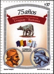 Ilustración del rey dacio Burebista y la loba romana como símbolo de la latinidad. Debajo, ilustración de rumano y charrúa.