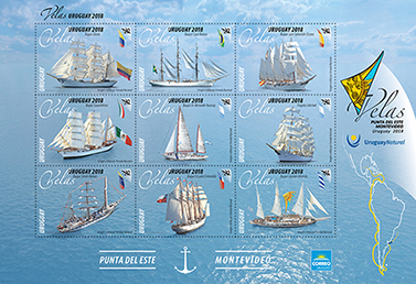 Nueve embarcaciones correspondientes a distintos países, a la izquierda se lee Velas, Punta del Este, Uruguay 2018. Uruguay Natural.