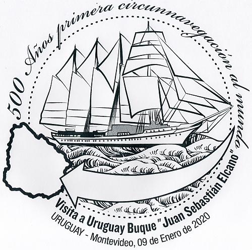 Ilustración del buque escuela Juan Sebastián Elcano y el contorno de Uruguay