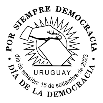 Mano deposita un voto en una urna. Sobre el fondo aparece un sol.